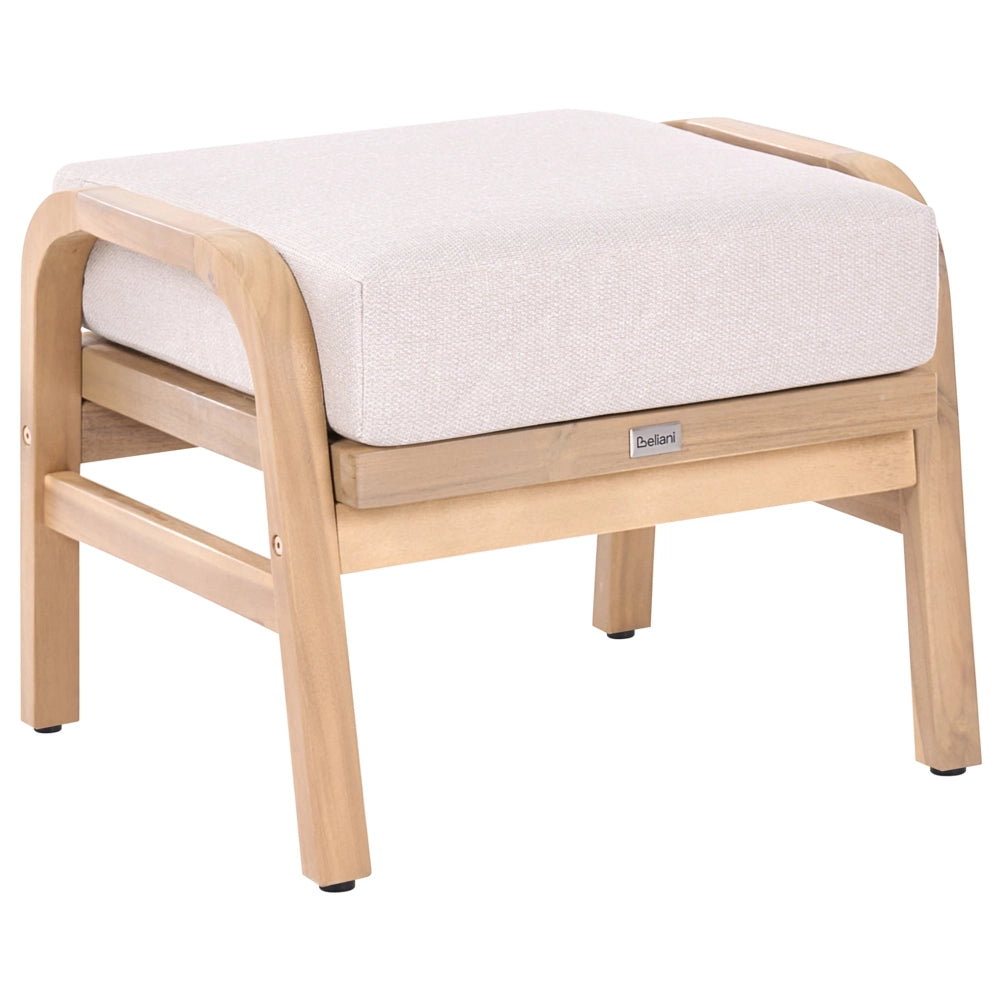Pouf da giardino in legno di acacia chiaro con imbottitura beige chiaro, design a doghe, per terrazze all'aperto, stile moderno