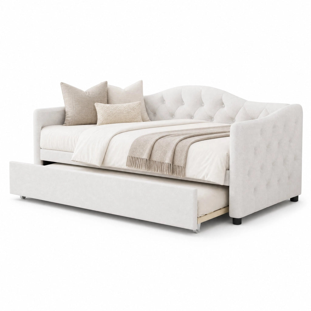 Daybett 90x200 cm con letto estraibile, beige, in lino e MDF