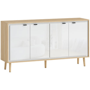 Credenza Moderna 141x35x77 cm a 4 Ante con Ripiano Regolabile Bianco Lucido e Rovere
