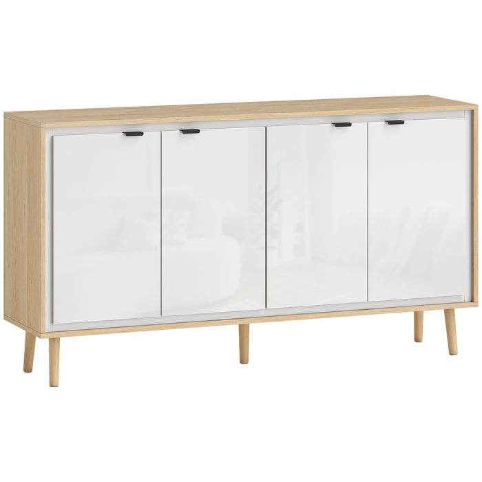 Credenza Moderna 141x35x77 cm a 4 Ante con Ripiano Regolabile Bianco Lucido e Rovere