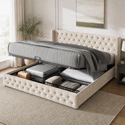 Letto matrimoniale 140x190 cm con contenitore e sollevamento idraulico in velluto beige