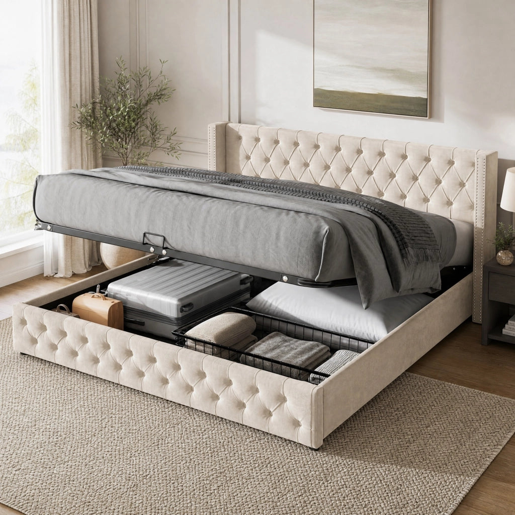 Letto matrimoniale 140x190 cm con contenitore e sollevamento idraulico in velluto beige