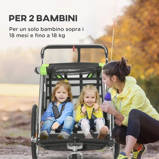 RIMORCHIO BICI PER BAMBINI E PASSEGGINO 2 IN 1 CON CINTURA, TASCHE E BANDIERINA, VERDE