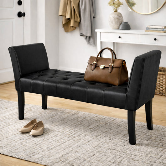 Panca Nero con Piedi in Legno e Rivestimento Ecopelle Camera da Letto Ingresso