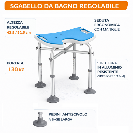 Sgabello da Doccia per Anziani Regolabile con Piedini Antiscivolo Portata 130 kg
