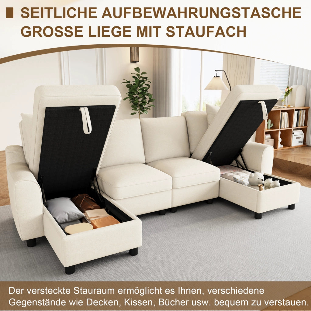 Divano a U moderno in ciniglia beige con chaise longue e vano contenitore