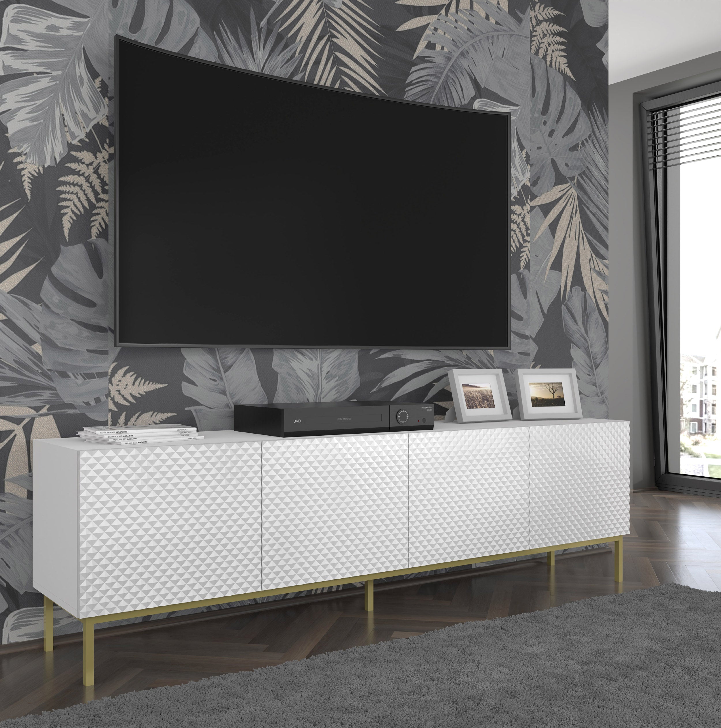 MOBILE RAVENNA C DIAMOND MDF HG PORTA TV 4D 200 BIANCO OPACO BIANCO LUCIDO CORNICE ORO