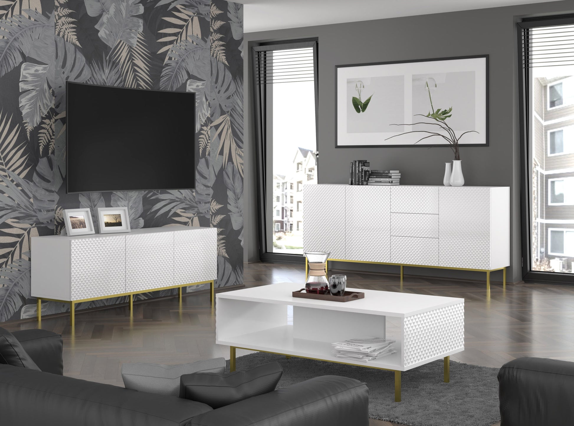 MOBILE RAVENNA C DIAMOND MDF HG PORTA TV 4D 200 BIANCO OPACO BIANCO LUCIDO CORNICE ORO
