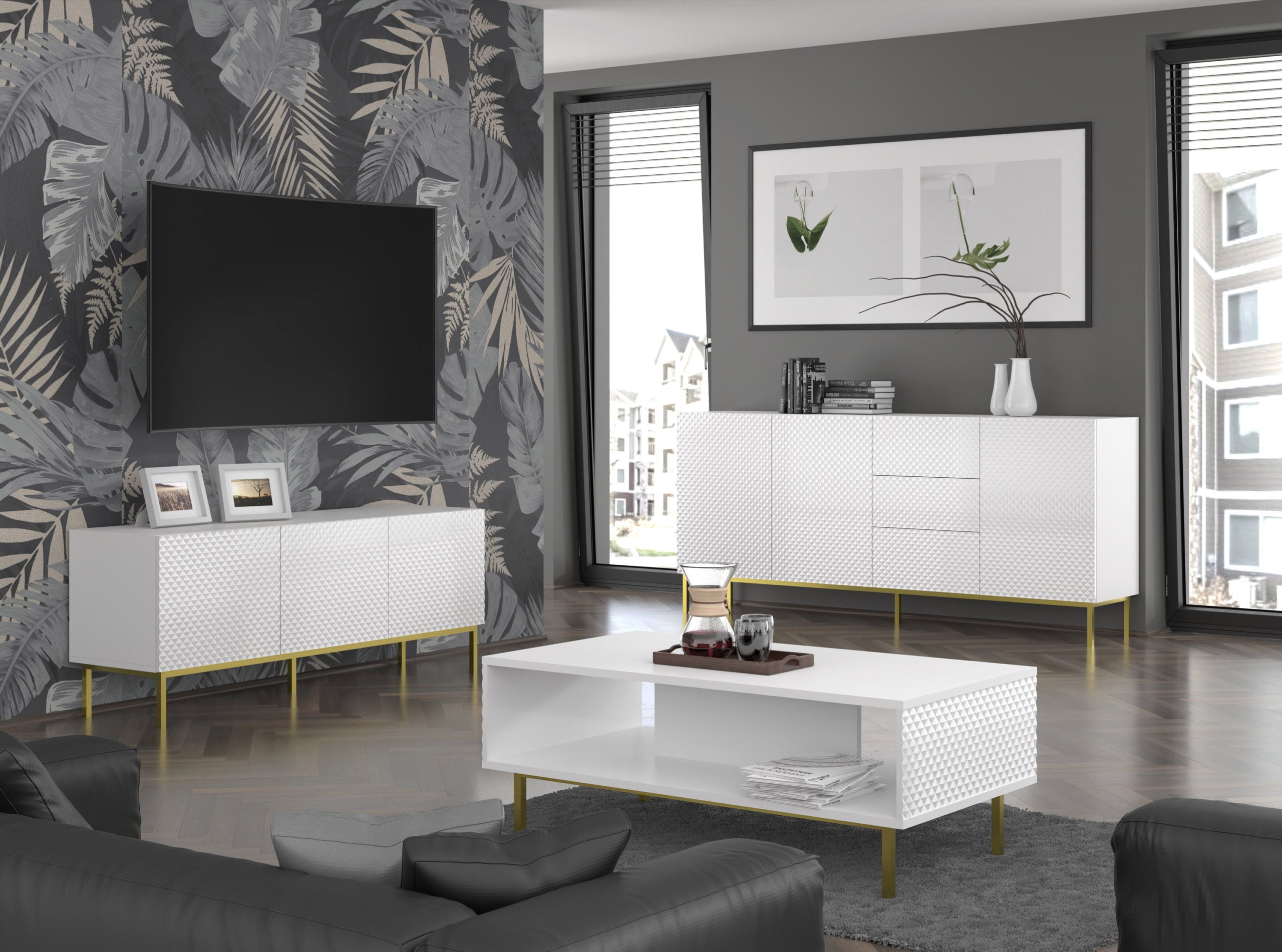 MOBILE RAVENNA C DIAMOND MDF HG PORTA TV 4D 200 BIANCO OPACO BIANCO LUCIDO CORNICE ORO