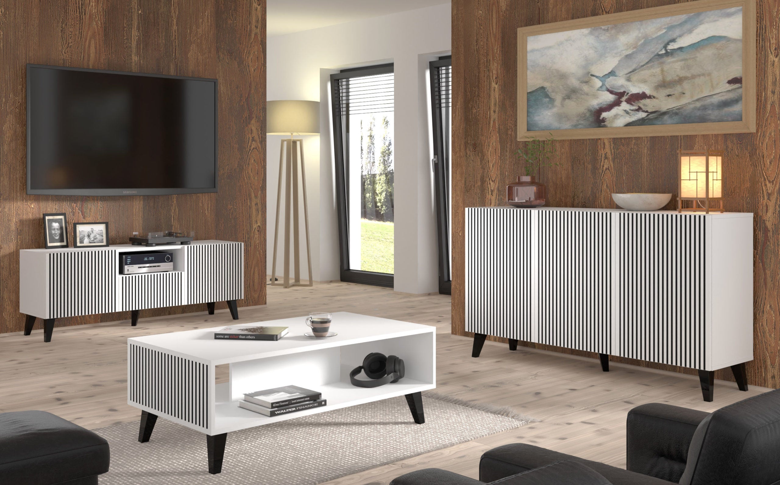 RAVENNA FP MOBILE IN MDF VERNICIATO 150 3D BIANCO NERO GAMBE IN METALLO NERO