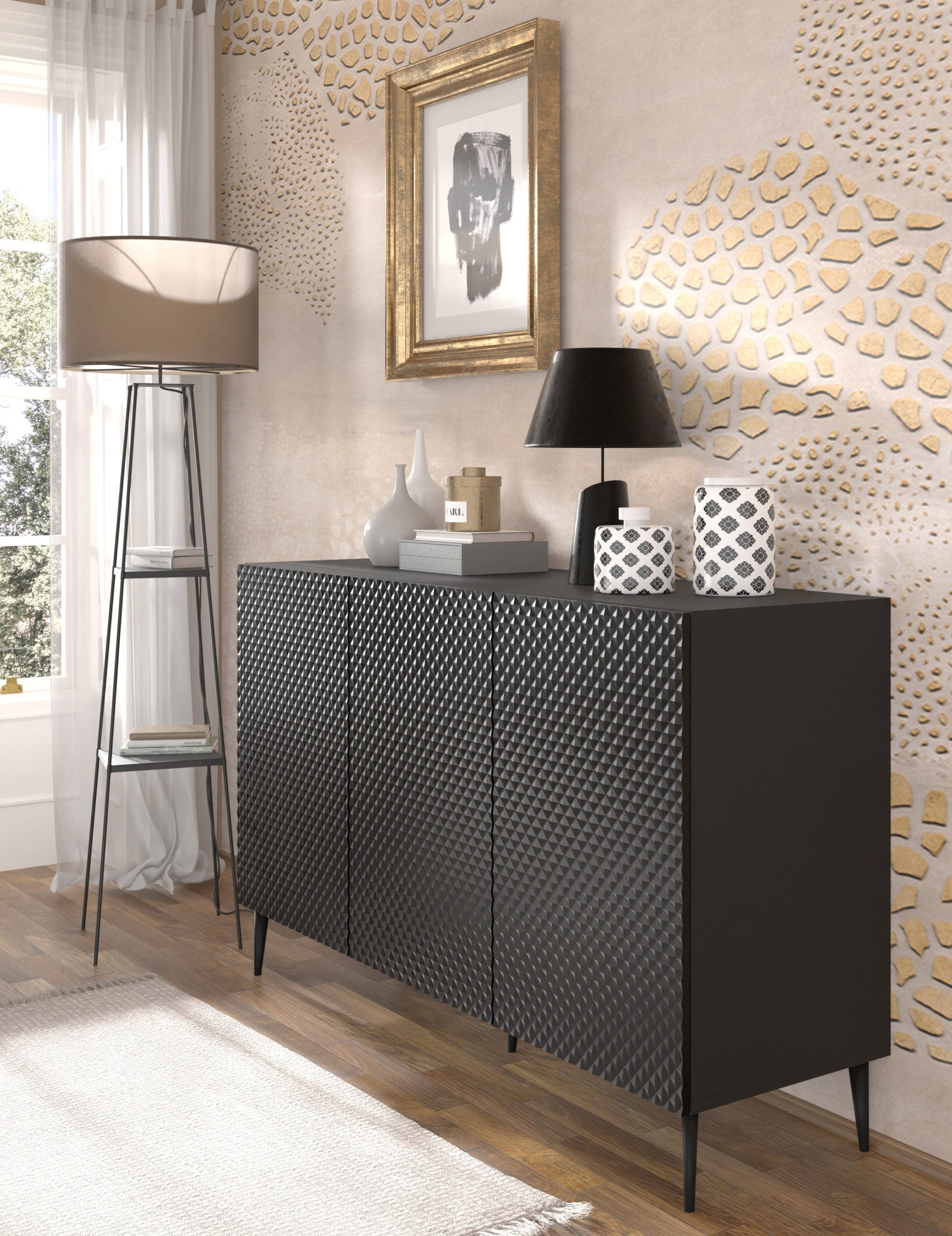MOBILE RAVENNA PC DIAMOND MDF HG CABINET 150 3D NERO OPACO NERO LUCIDO GAMBE IN METALLO