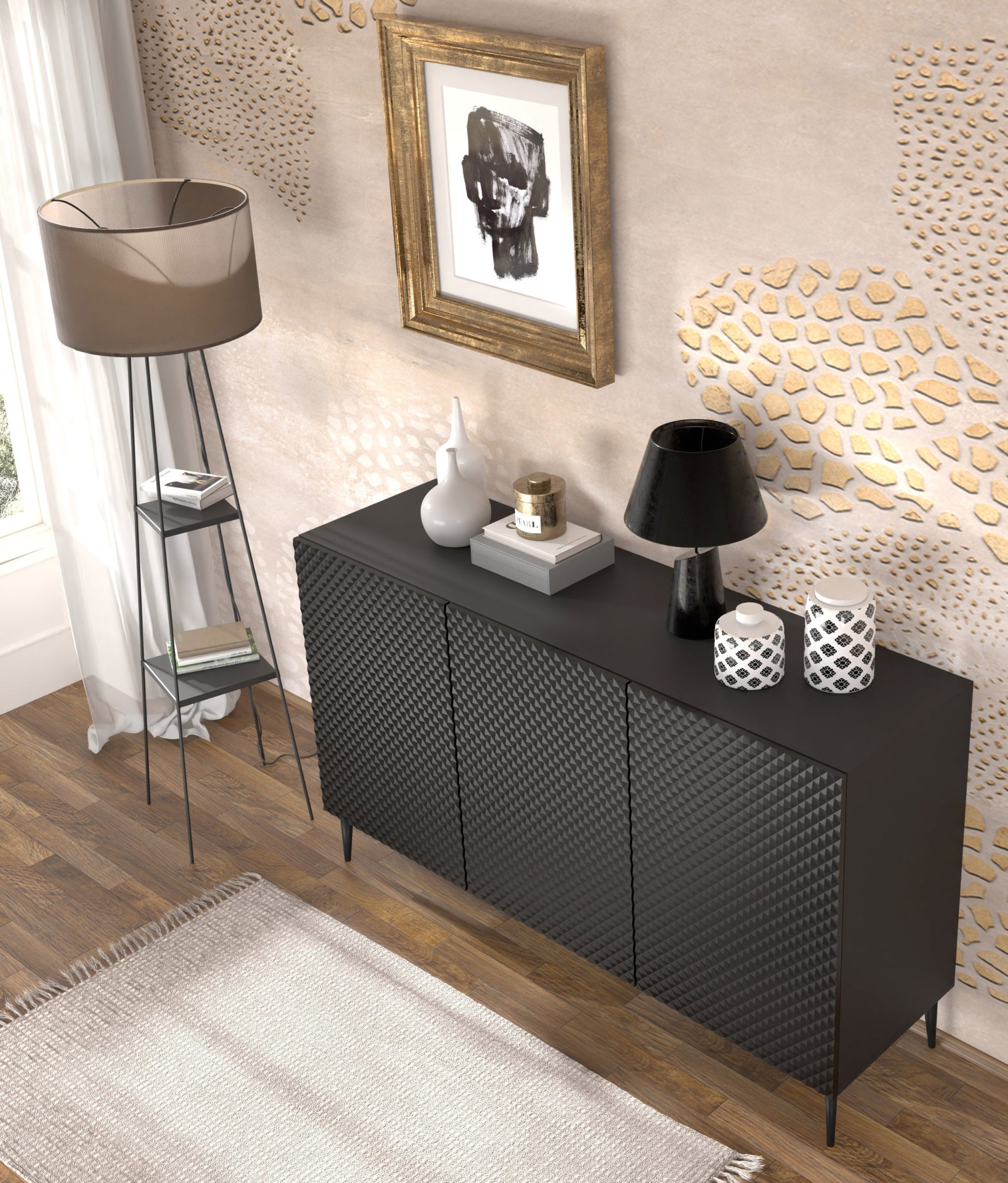 MOBILE RAVENNA PC DIAMOND MDF HG CABINET 150 3D NERO OPACO NERO LUCIDO GAMBE IN METALLO