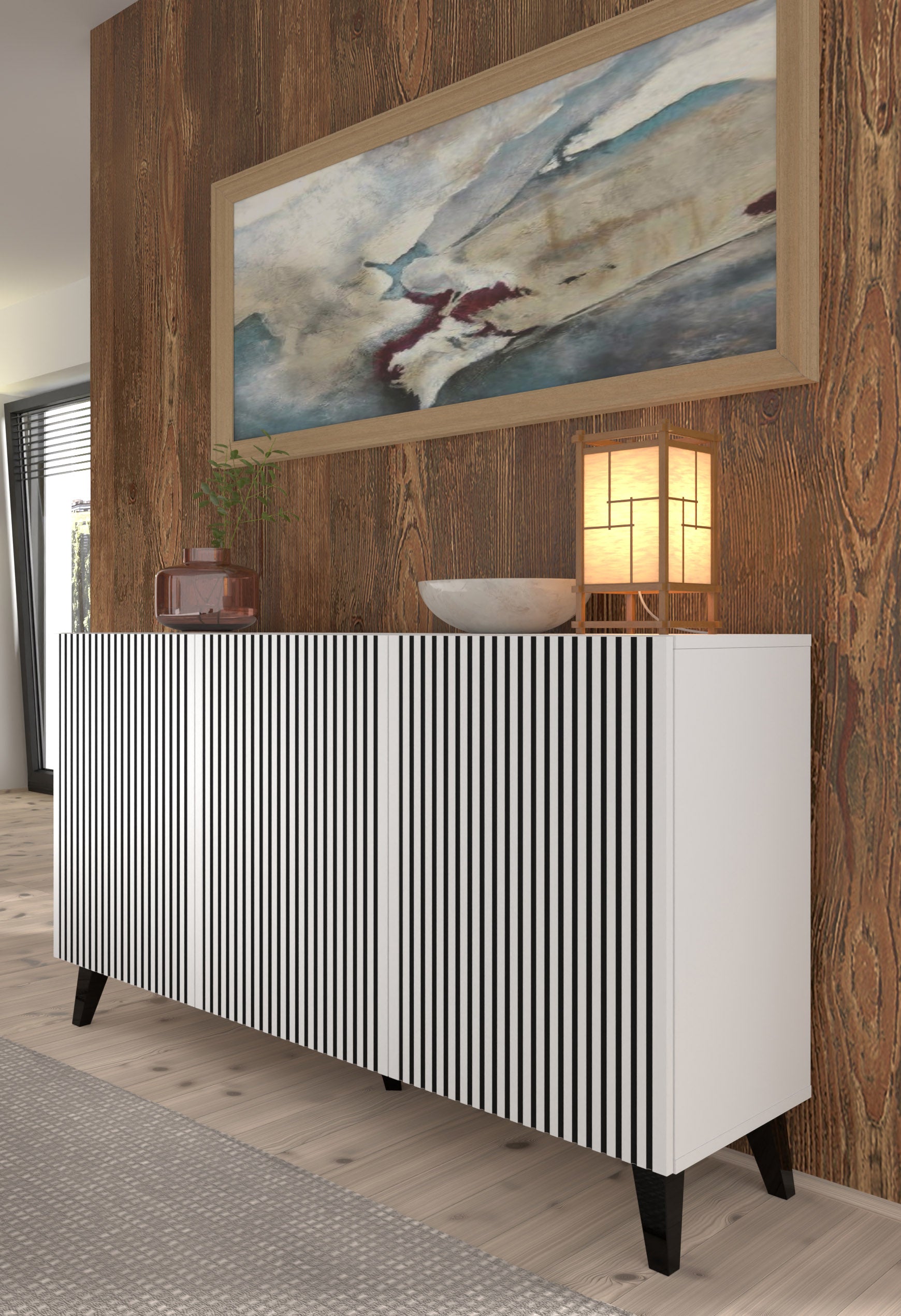 RAVENNA FP MOBILE IN MDF VERNICIATO 150 3D BIANCO NERO GAMBE IN METALLO NERO