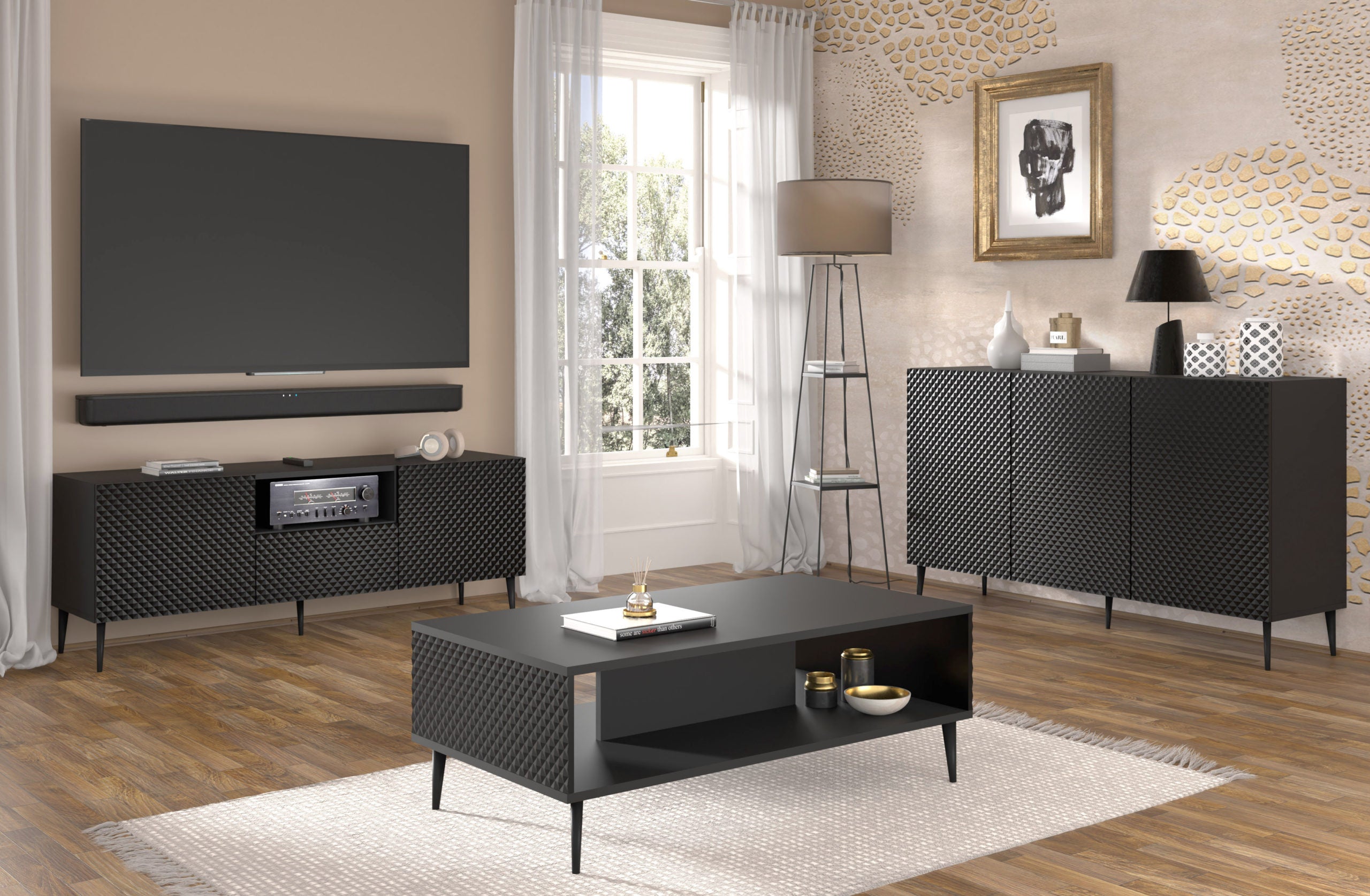 MOBILE RAVENNA PC DIAMOND MDF HG CABINET 150 3D NERO OPACO NERO LUCIDO GAMBE IN METALLO