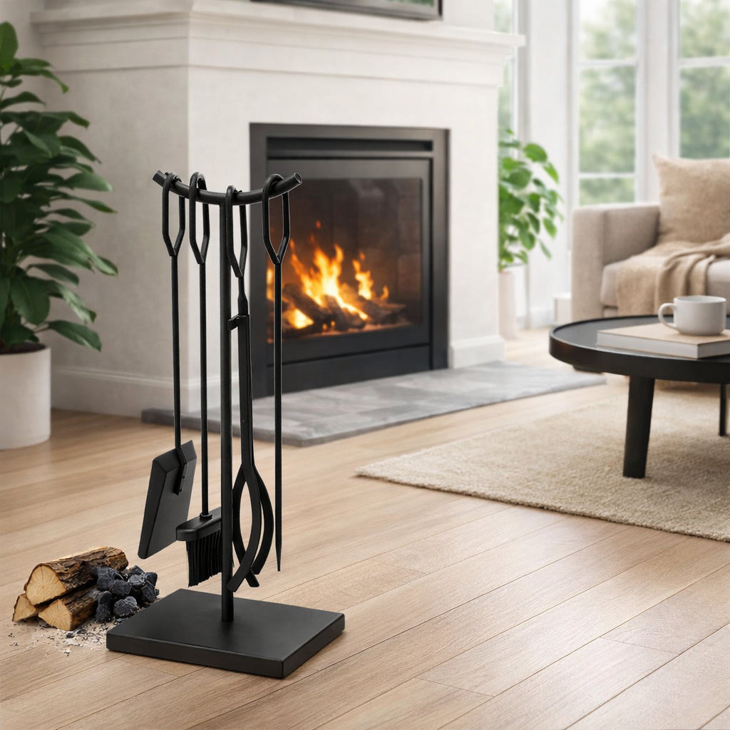 Kit 4 Pezzi Accessori Camino in Ferro Battuto Nero Classico Supporto Stand in Ferro