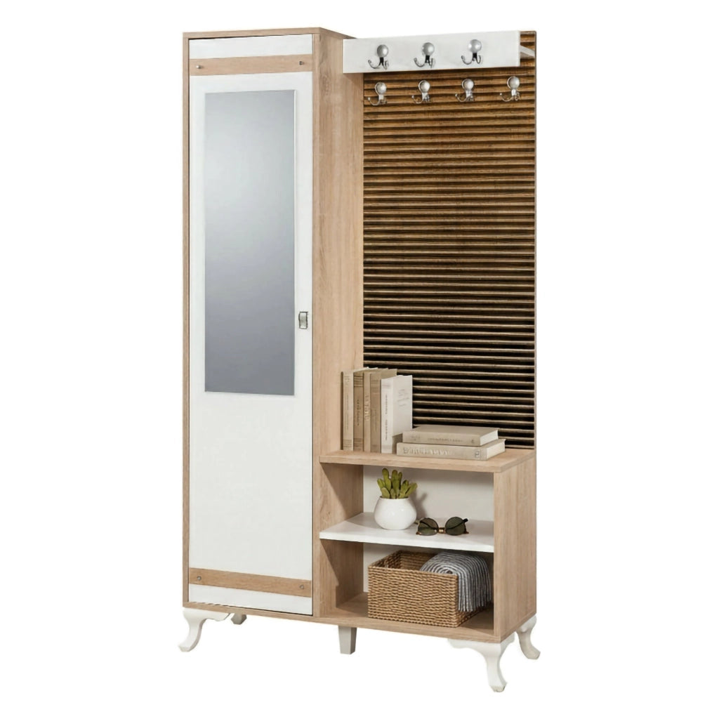 Mobile da ingresso Sugilite, Entratina appendiabiti, Composizione per atrio, Consolle portaoggetti multifunzione, 100x36h190 cm, Quercia