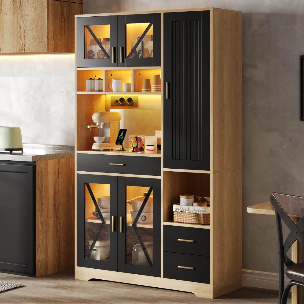 BUFFET Cucina 185x105x40 cm Nero/Naturale in MDF con LED APP e prese