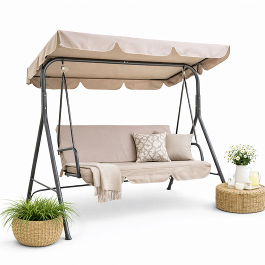 Dondolo Altalena da Giardino 3 Posti con Parasole Regolabile in acciaio Tortora