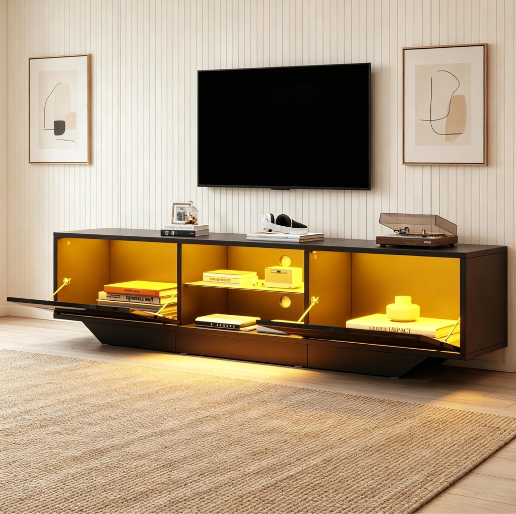 Mobile TV 160x35x44.5 cm con illuminazione RGB; piano lucido; truciolare; nero