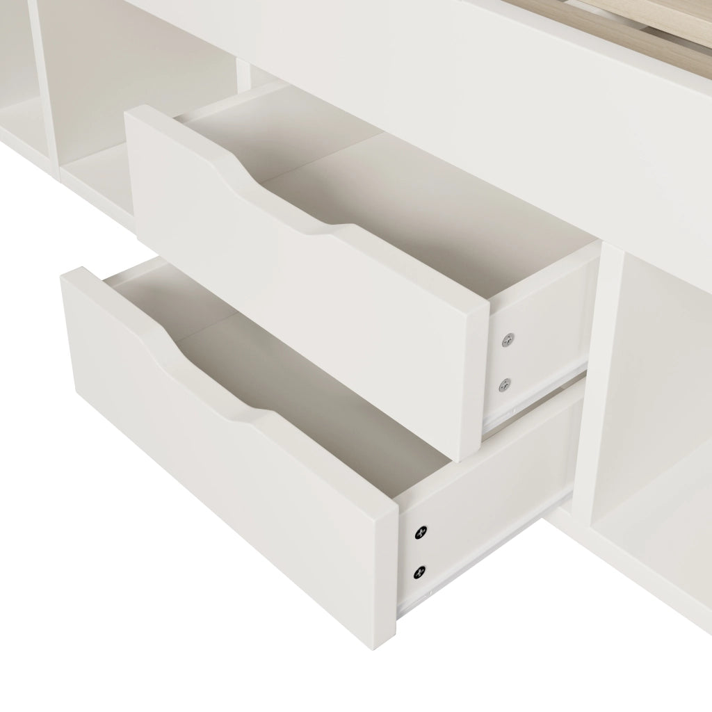 DESMIU Letto singolo 140 × 200 cm con USB, Type-C, LED, ripiani e cassetti, senza materasso, in legno, bianco