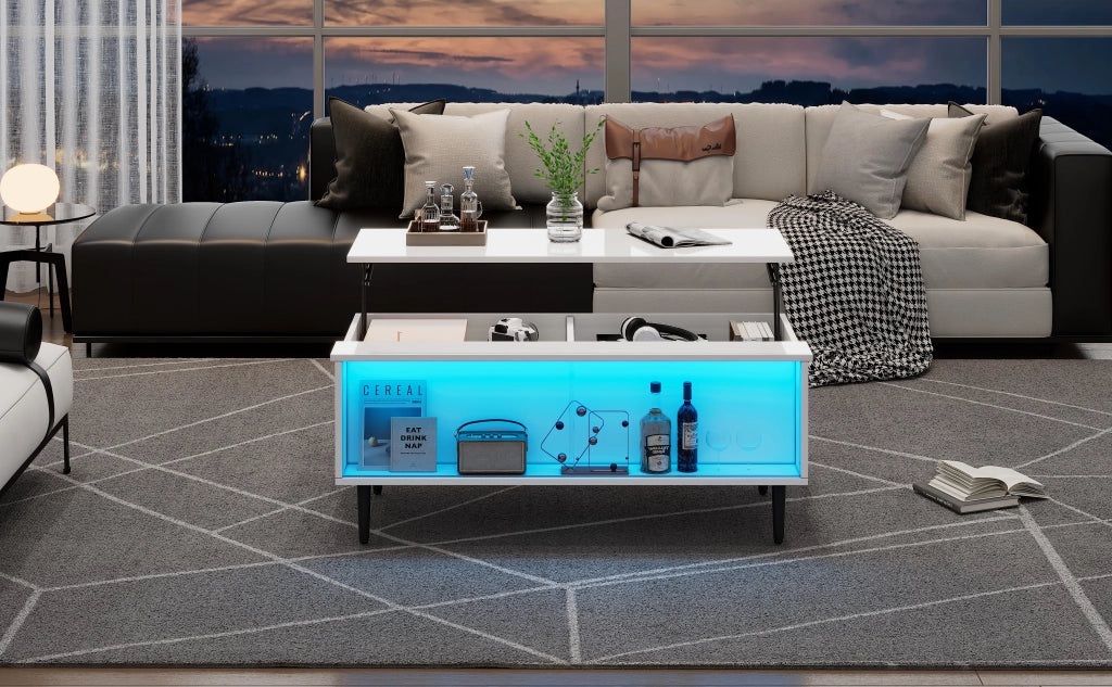TAVOLO Caffè regolabile 105 x 50 x 43 cm bianco in truciolare e vetro temperato con LED