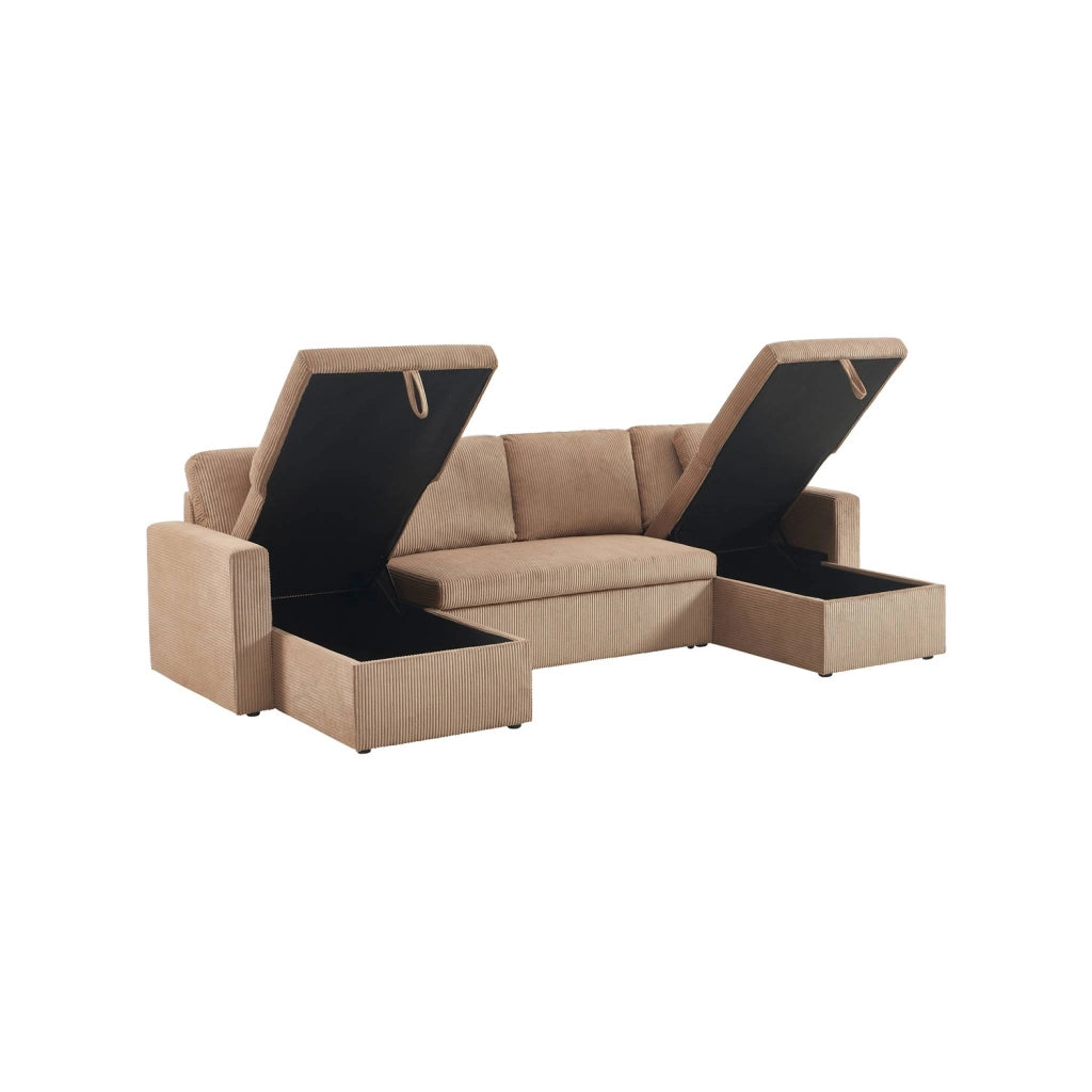 Divano convertibile in velluto a coste con contenitore, 4 posti, beige