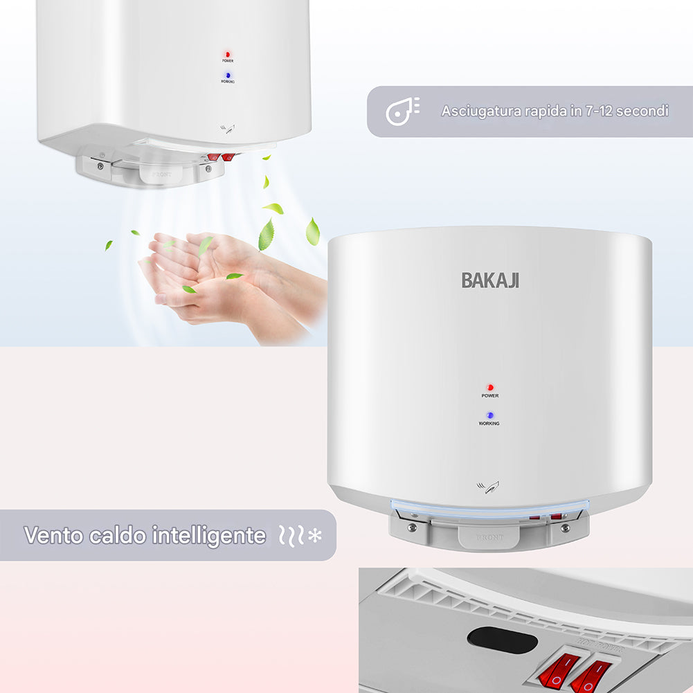 Asciugamani Elettrico a Parete Automatico per Bagno 1400W Aria Fredda e Calda