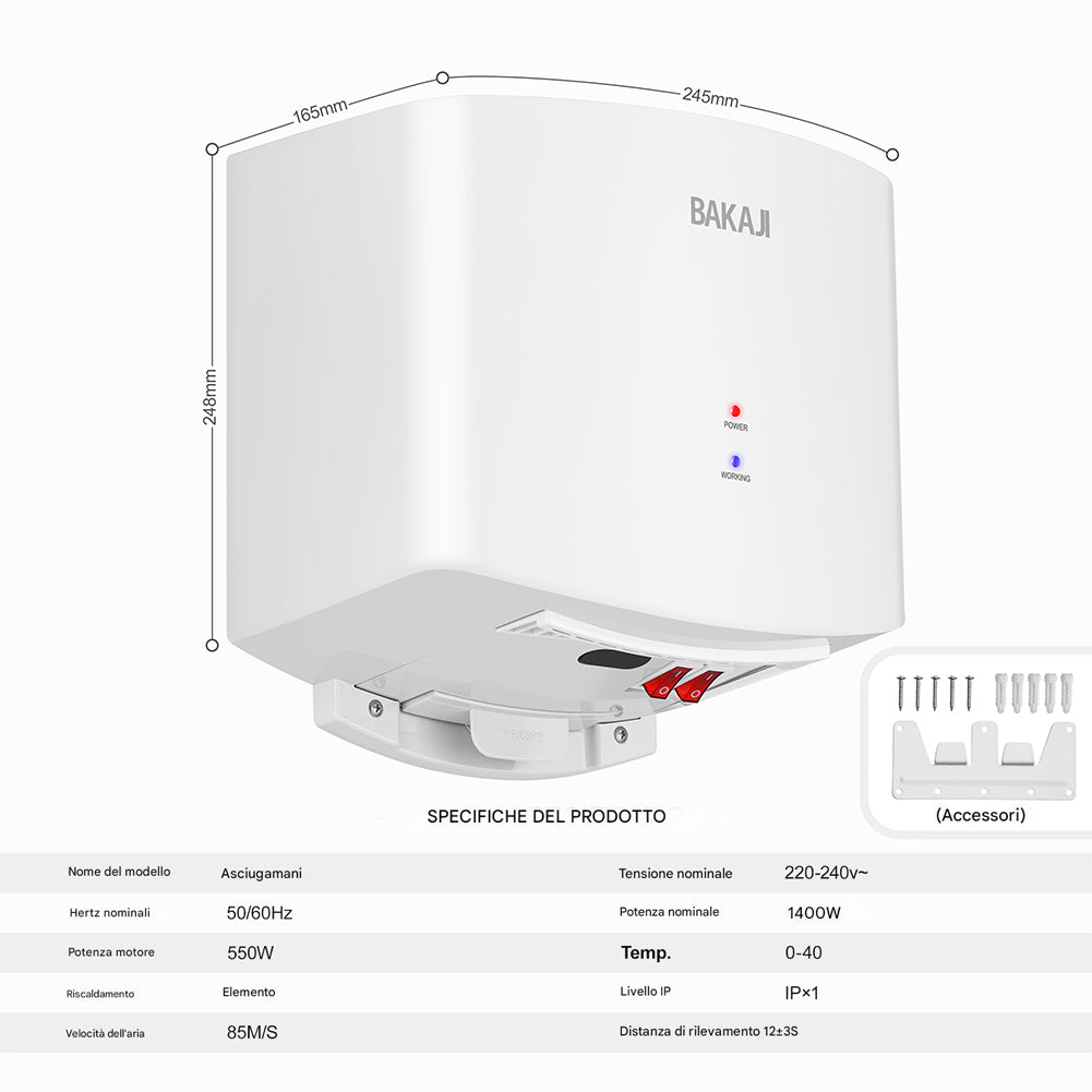 Asciugamani Elettrico a Parete Automatico per Bagno 1400W Aria Fredda e Calda