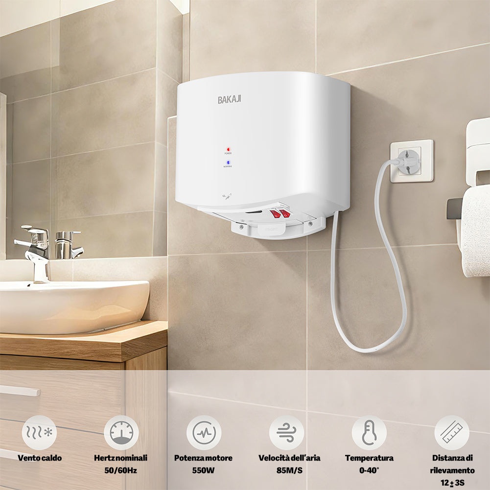 Asciugamani Elettrico a Parete Automatico per Bagno 1400W Aria Fredda e Calda