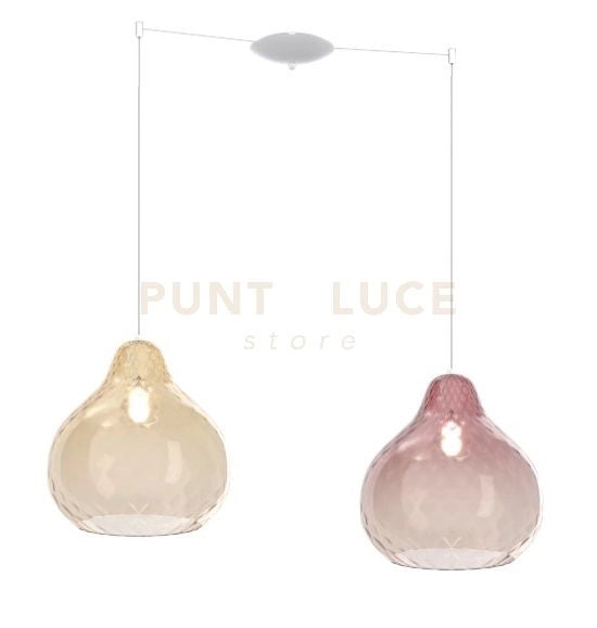 SOSPENSIONE BIANCO 2 LUCI SPOSTABILE VETRI (1 GRANDE AMBRA + 1 GRANDE RUBINO) 1191BI-S2 SG-AR