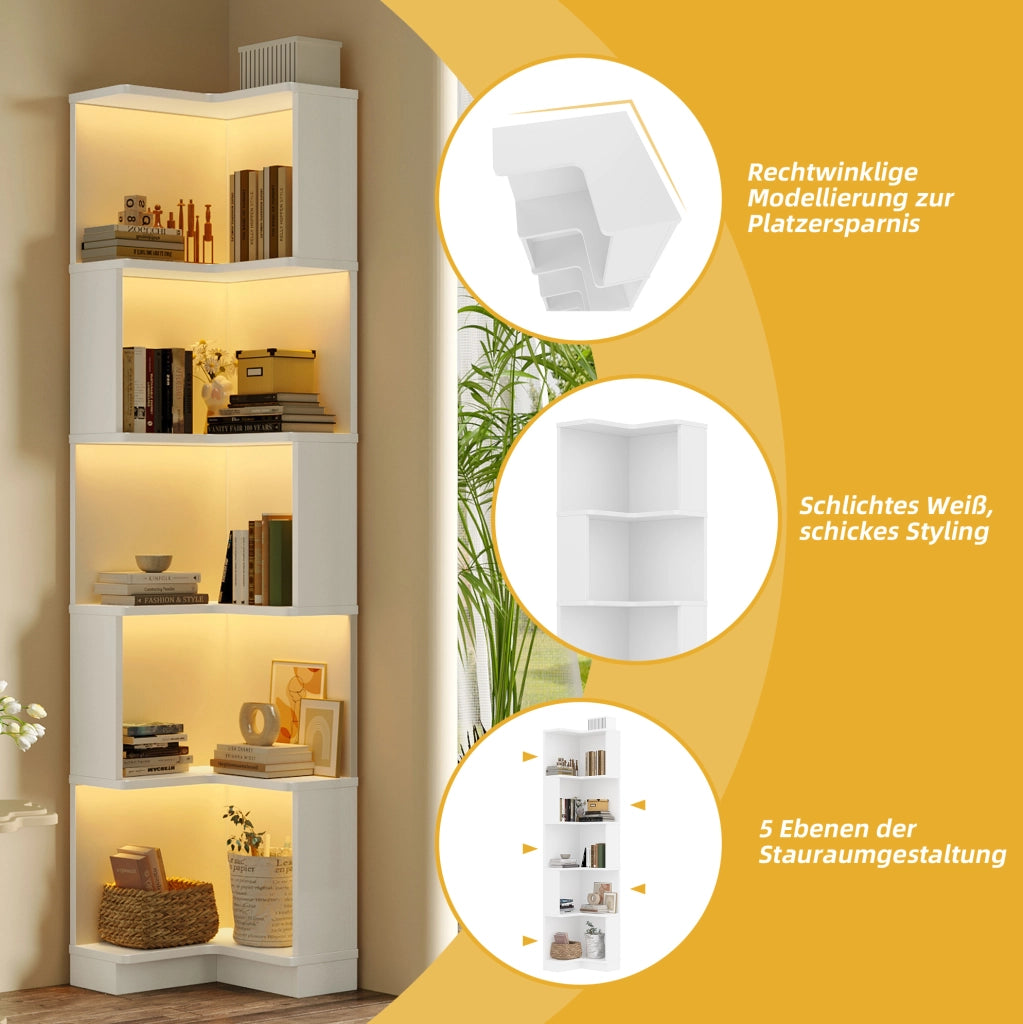 Libreria ad angolo bianca con LED e 5 ripiani