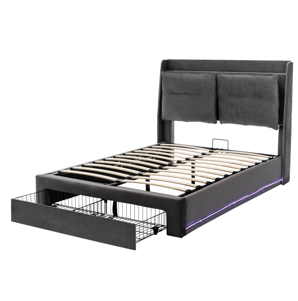Letto matrimoniale 140x190 cm in velluto grigio scuro con contenitore; LED e testiera imbottita