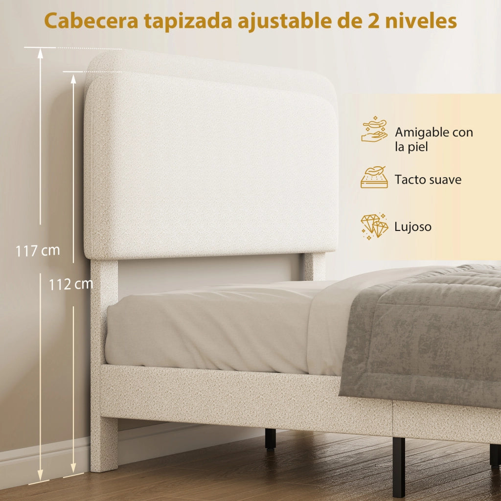 Letto Matrimoniale Imbottito con Testiera Regolabile in Altezza e Doghe di Legno ¨C Zephmum ¨C Bianco