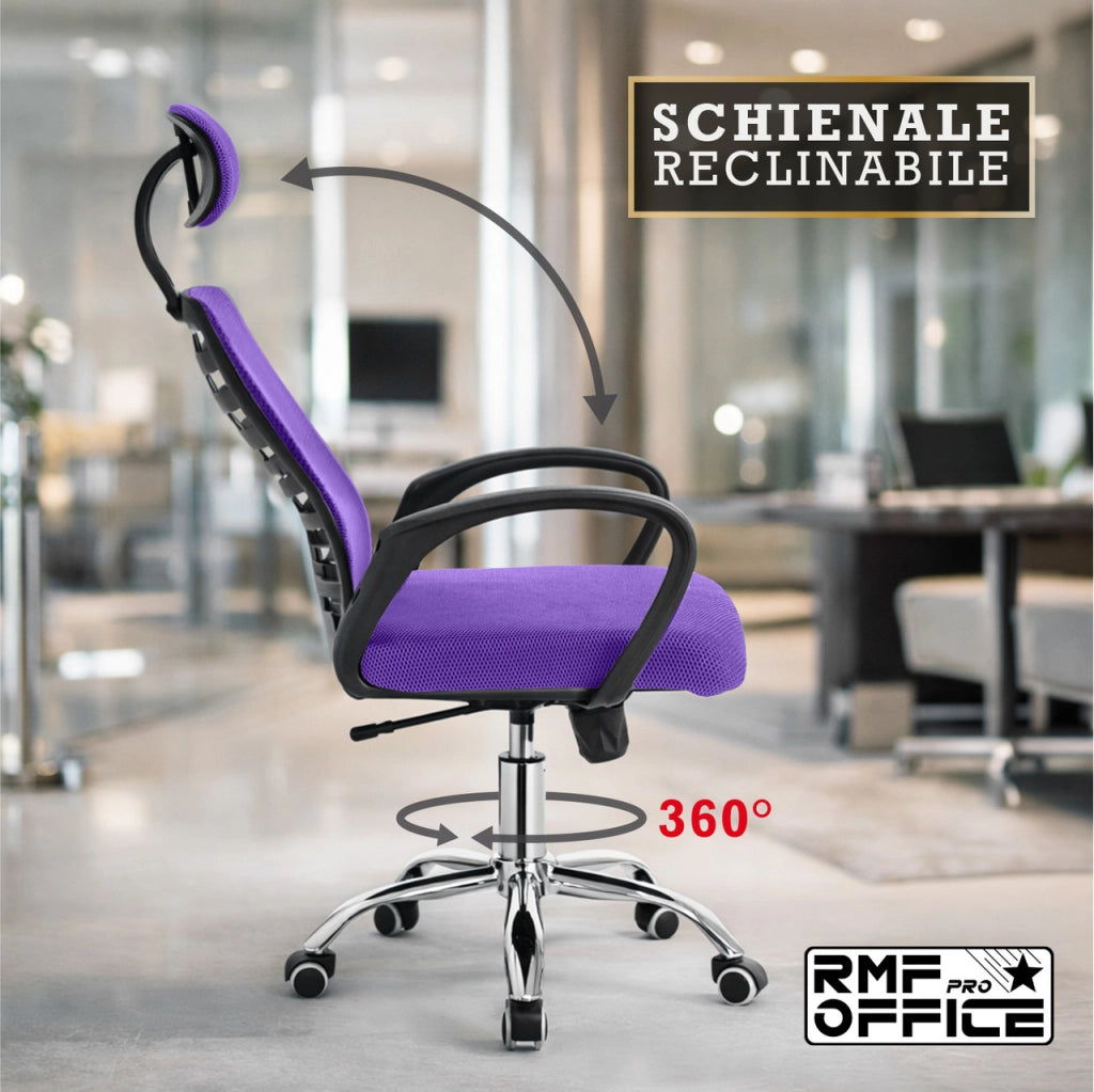 RMF Sedia Ufficio Ergonomica Professionale Reclinabile, Sedia Scrivania in Rete con Seduta Comoda e Rilassante - Poltrona Relax Ufficio con Ruote Girevoli Altezza Regolabile  VIOLA