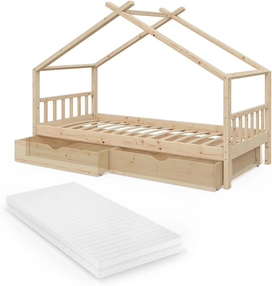 Letto montessori bambini Design, Legno naturale, 90x200 cm con 2 cassetti e materasso, con sponda anticaduta e rete a doghe per un sonno sicuro