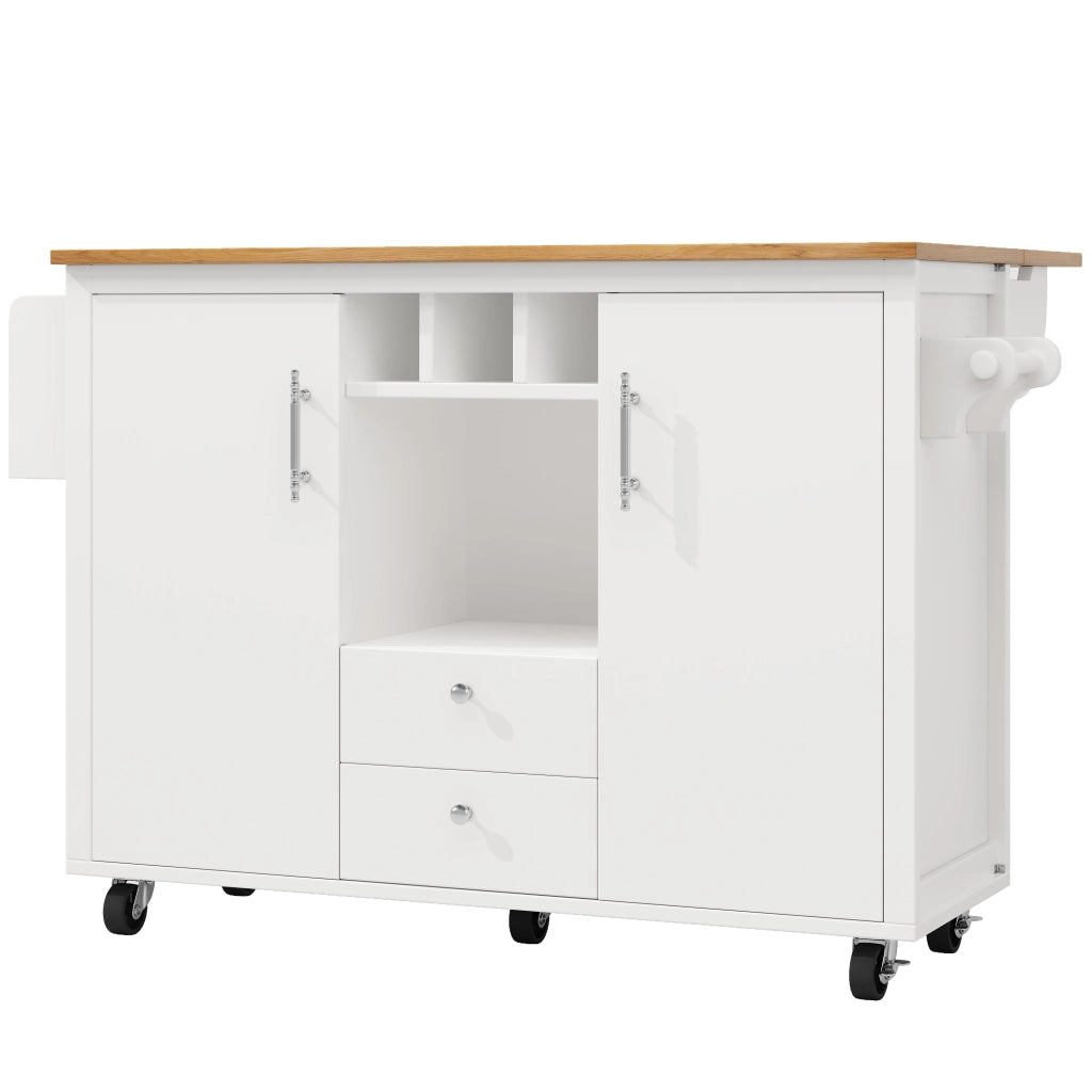 Isola cucina con piano ribaltabile 137,9 x 73 x 92,2 cm, 2 cassetti, ruote girevoli e vano portabottiglie, bianco