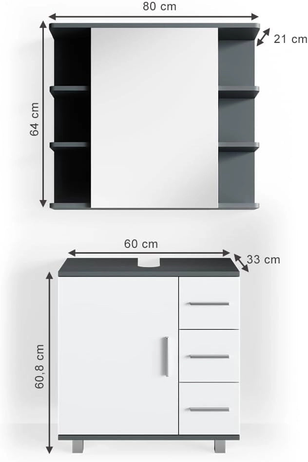 Set mobili bagno Ilias, Antracite, 60 cm, composto da specchio da bagno e mobile sottolavabo