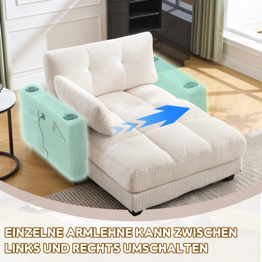 POLTRONA Lounge 140x112x81 cm in corduroy beige con portabicchieri e porta USB