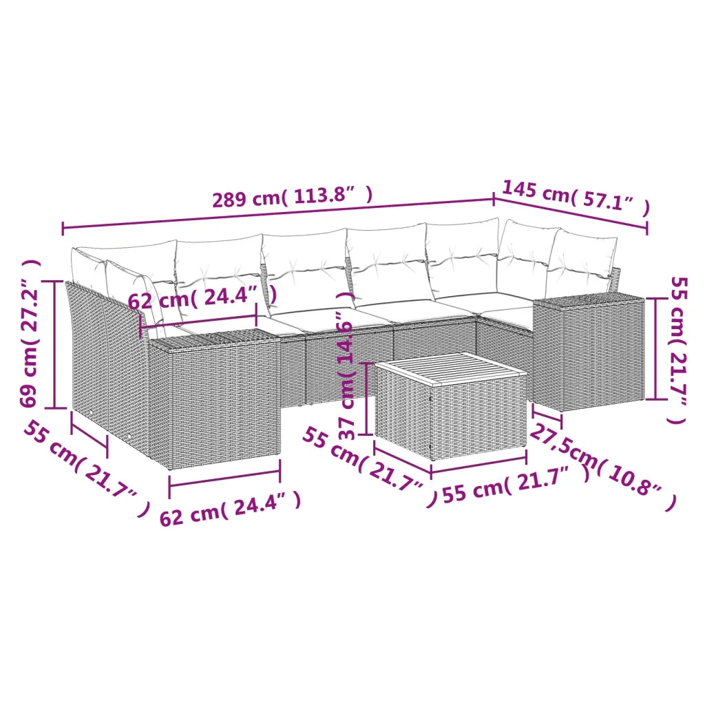 Set Divano da Giardino 8 pz con Cuscini Grigio in Polyrattan
