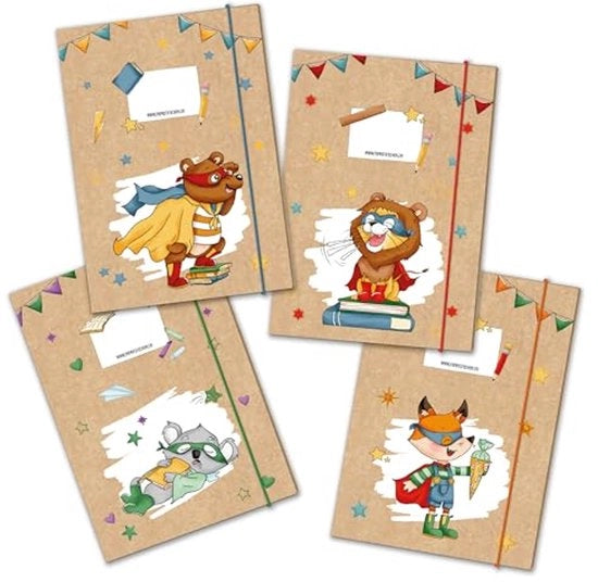 Set di 4 cartelle per bambini di alta qualità DIN A4 | Tema Supereroi Animali - Cartella per studenti di scuola elementare - Non macchinabile - Raccoglitore - Set numero 14