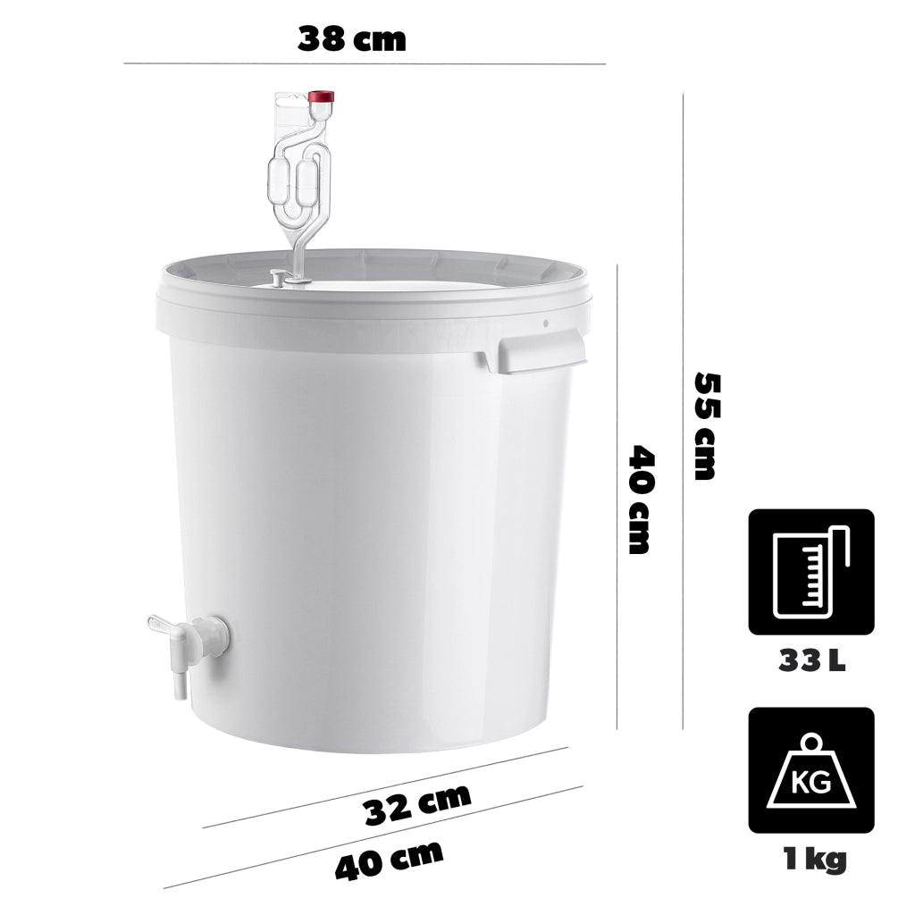 Set di contenitori per fermentazione KADAX da 33 litri per vino e liquori, completo di rubinetto, tubo e tappo.