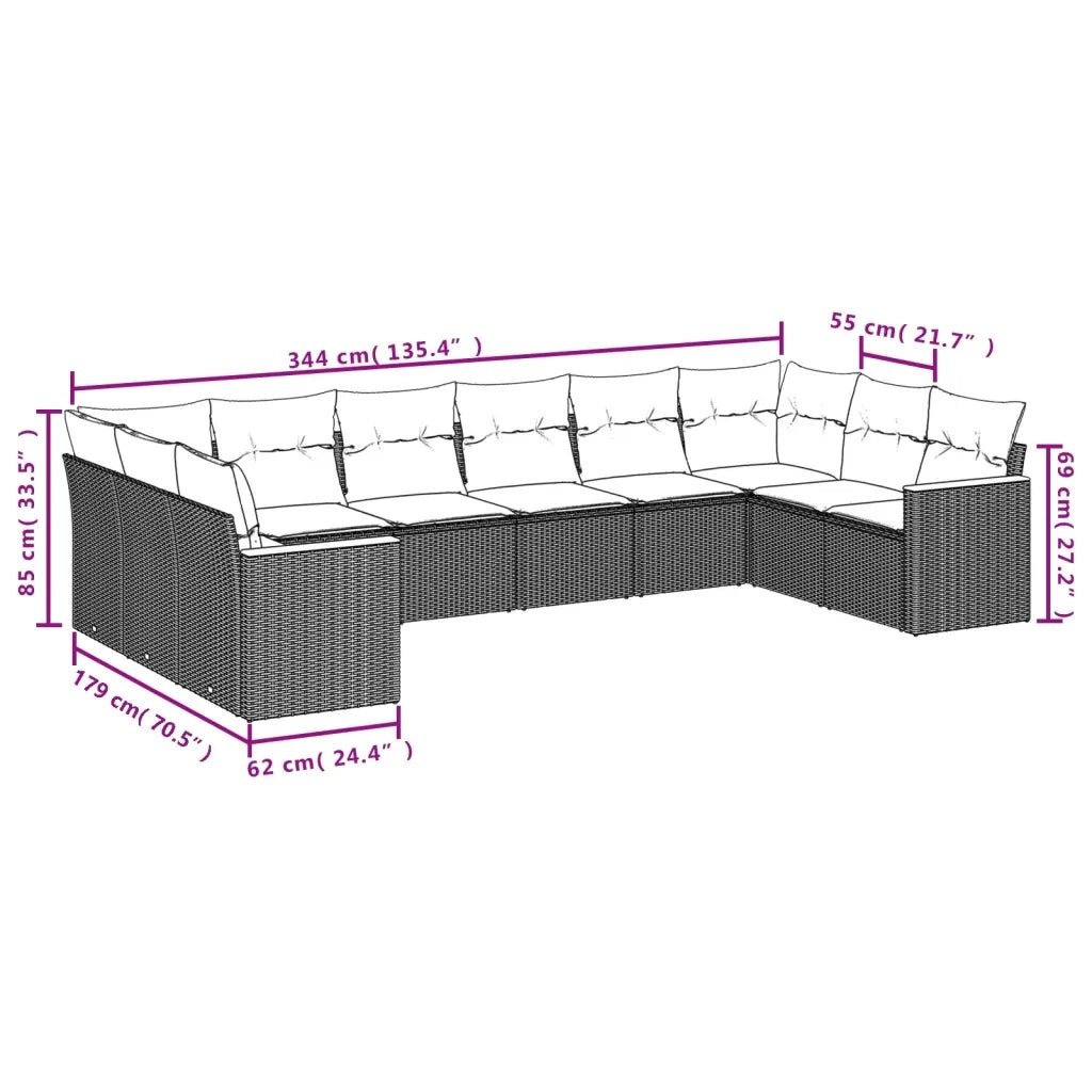 Set Divano da Giardino 10 pz con Cuscini Beige Misto Polyrattan
