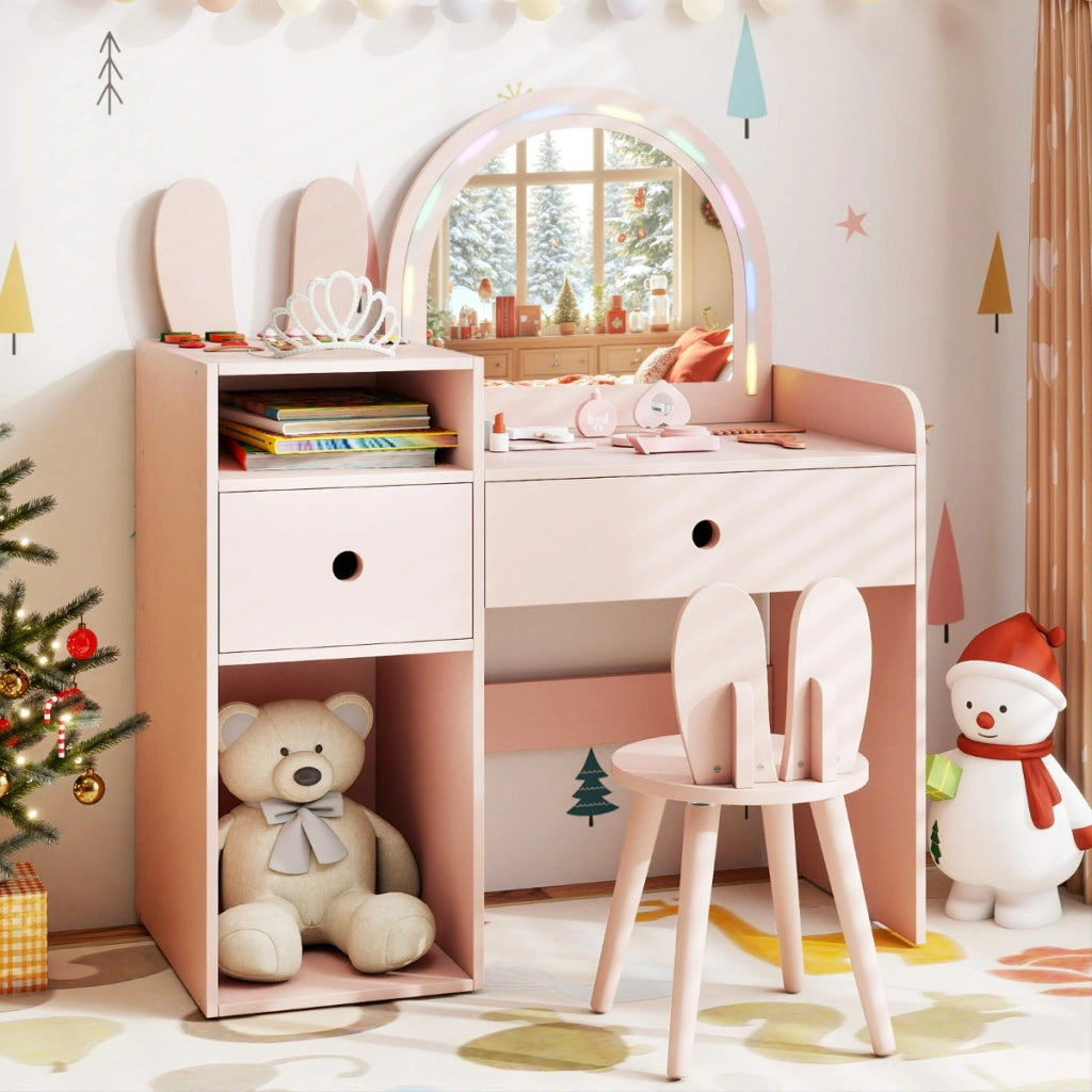 Tavolo da trucco principessa con specchio illuminato e cassetti, Scrivania con specchio e luci per bambini Rosa