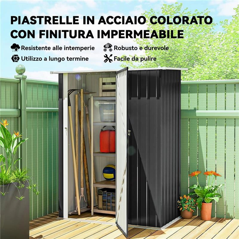 CAPANNO PORTA ATTREZZI IN METALLO CON TETTO INCLINATO E PORTA BLOCCABILE, 142X86X189 CM, GRIGIO SCURO