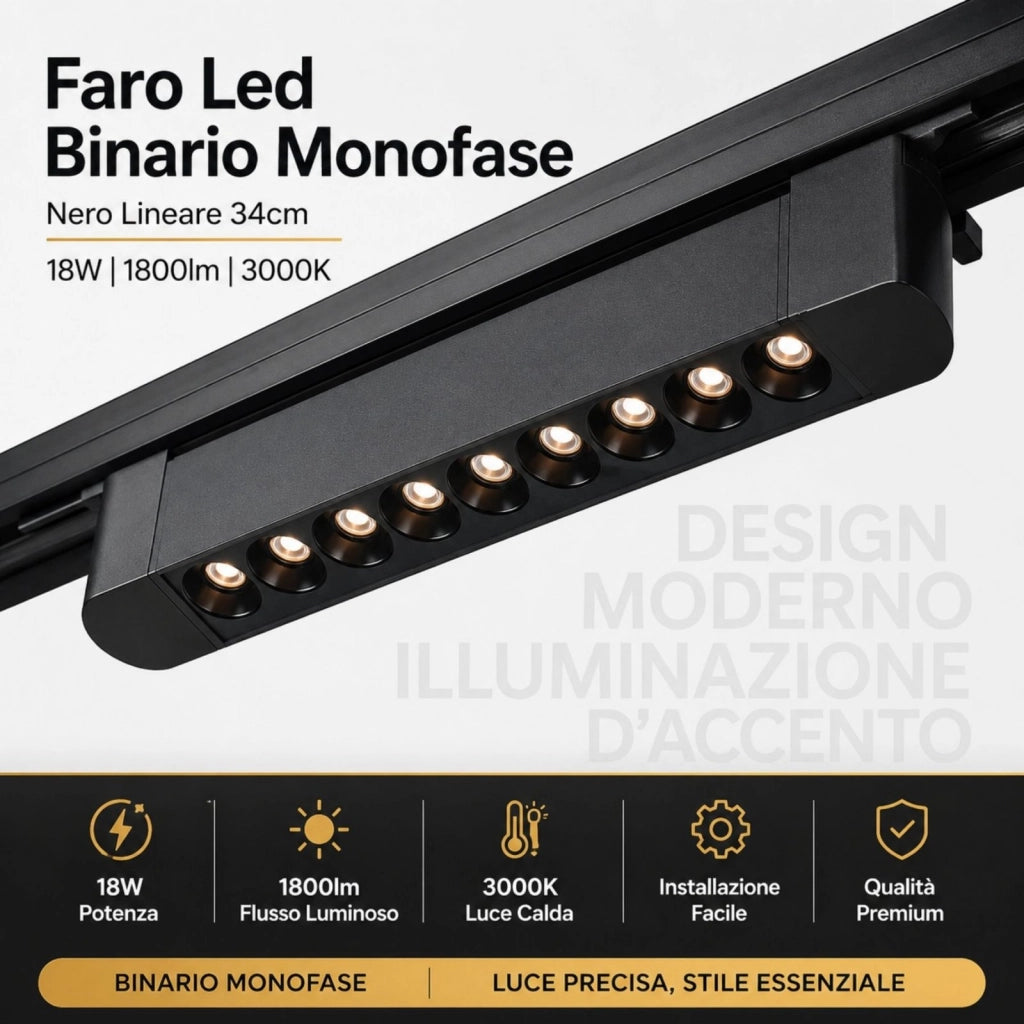 Faro Led Binario Monofase, Nero Lineare 34cm 18W 1800lm 24° Orientabile, Disponibili 3000K 4000K (Bianco Caldo 3000K)