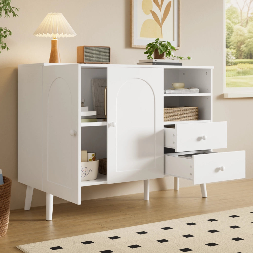 Credenza sideboard bianca con ante curve, 2 cassetti, vani a giorno e gambe in legno