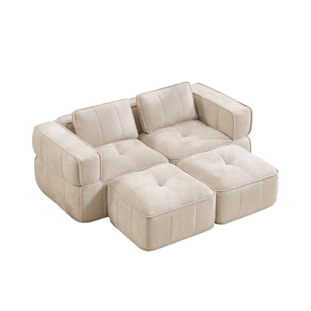Divano 2 posti con 2 poggiapiedi ¨C Minimal ¨C Beige tessuto morbido