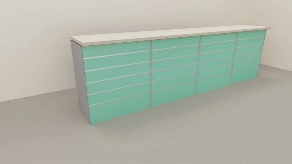 Banco cassa espositivo da negozio con pannello dogato cm. 368x64x106h