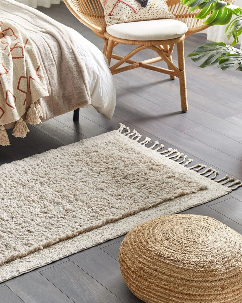 Tappeto rettangolare in cotone beige 80 x 150 cm con frange boho soggiorno camera da letto