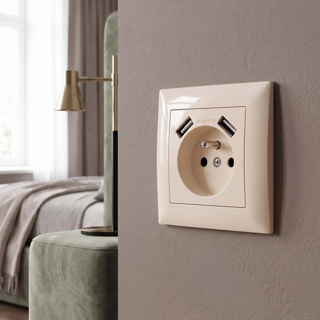 Presa Singola Con Messa A Terra + 2x Usb-a Oste Jnh003-g Beige